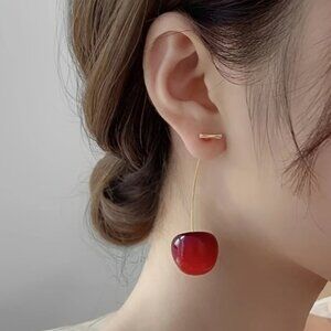 NEW Long Cherry Drop Earrings – Cute Red Fruit Dangle Statement Jewelry